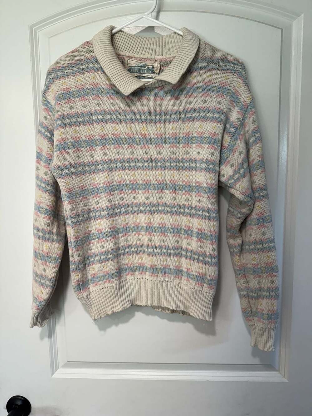 Vintage Pastel Fair Isle Collared Sweater Grandpa Core Nordic Knit Women’s Small